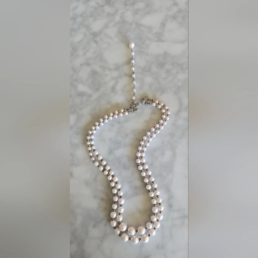 Faux‎ Pearls Silver Tone Beads Double Strand 8.5 In Necklace